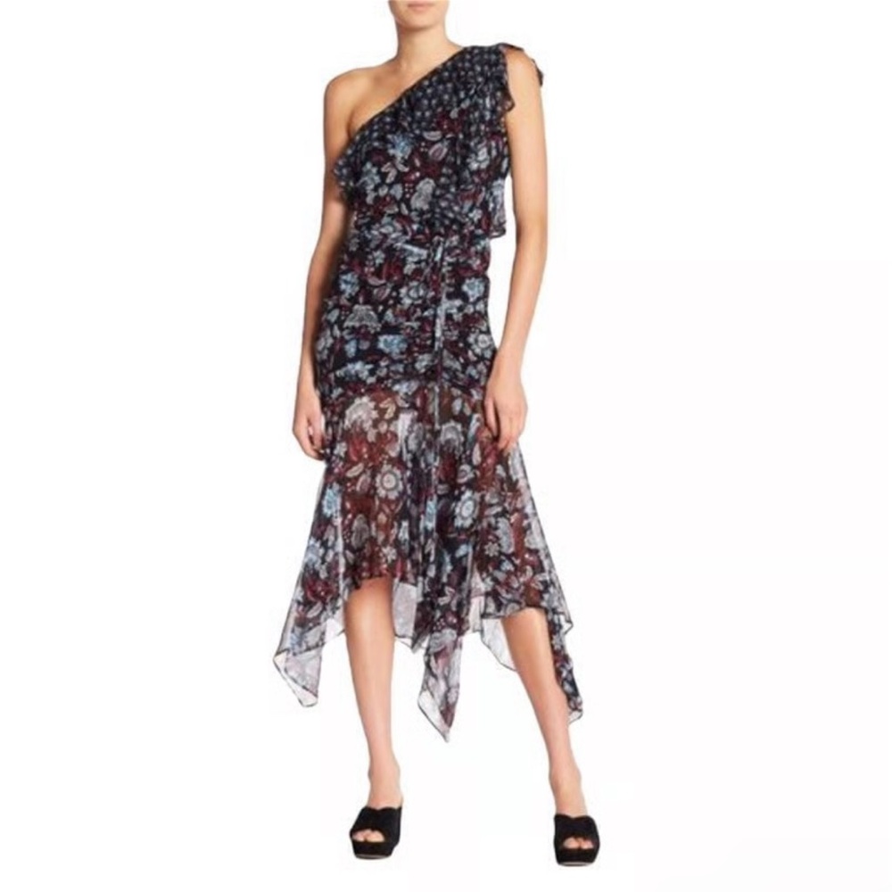 Veronica Beard Black and Blue One Shoulder Dress